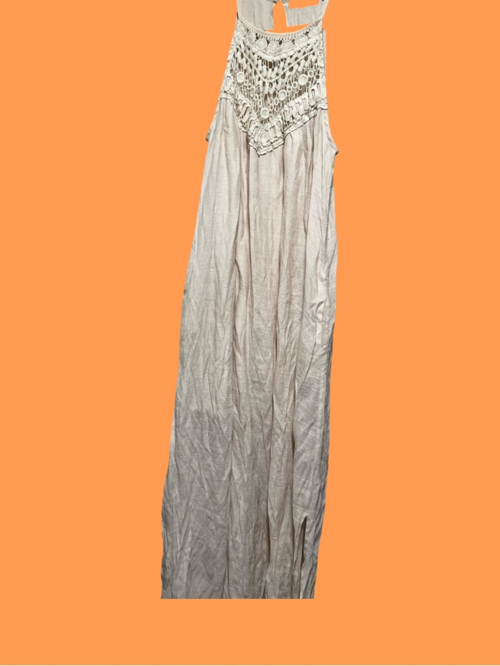 Boho Crochet Yoke Maxi Dress in Light Beige